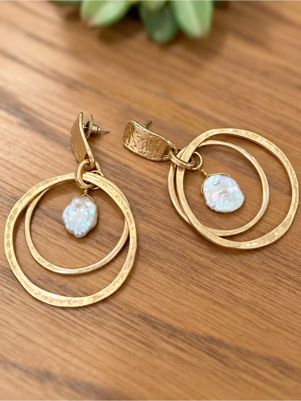 Free People Gold-Tone Hammered Double Hoop Baroque Pearl Statement Earrings
